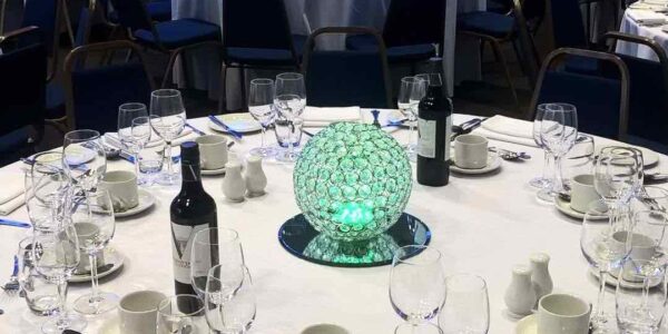 Crystal ball table centrepiece for corporate events.