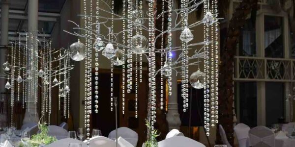 Hanging crystal tree table centrepiece design for event hire.