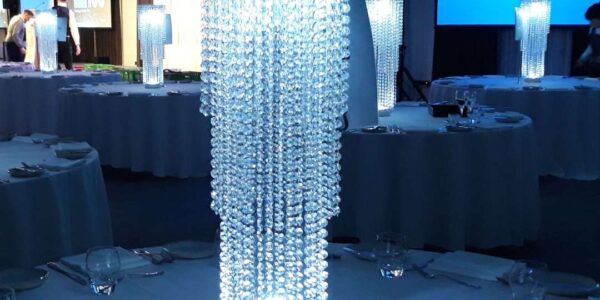 Crystal column table centrepiece for events.