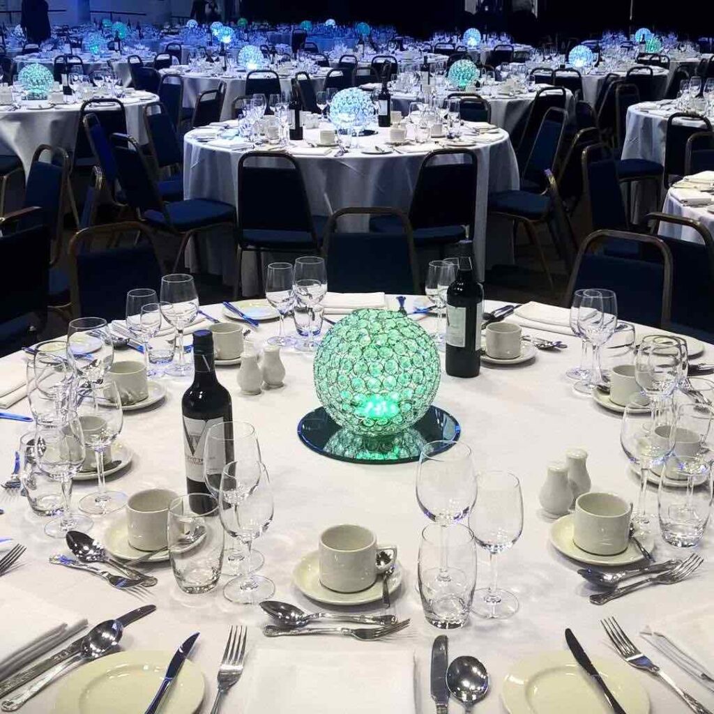 Crystal ball table centrepiece for corporate events.