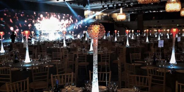 Tall crystal ball centrepiece for events.