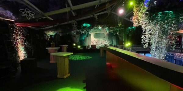 Inside jungle themed marquee designed for a rainforest effect.