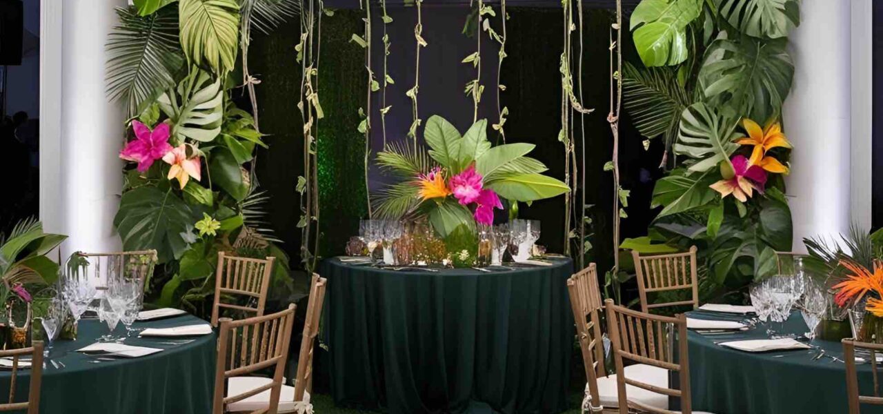 Jungle themed gala dinner concept designed by AI.