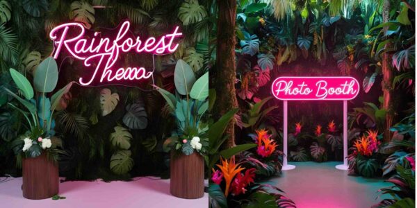 Neon rainforest signs and foliage venue styling concept for a photo booth.
