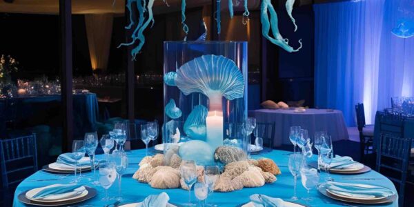 We can provide bespoke ocean themed table centrepieces designed for your event as seen with this concept.