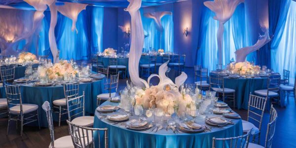 Underwater theme event concept for gala dinner wit blue led lighting, coral decoration and sea themed props.