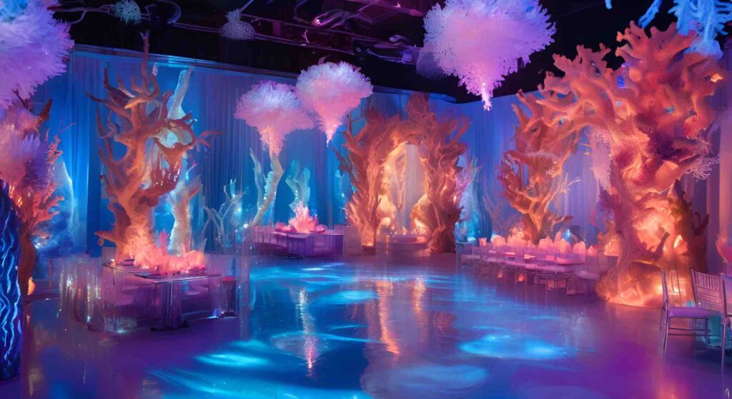 Blue and pink ethereal design concept for underwater theme event designed by AI.