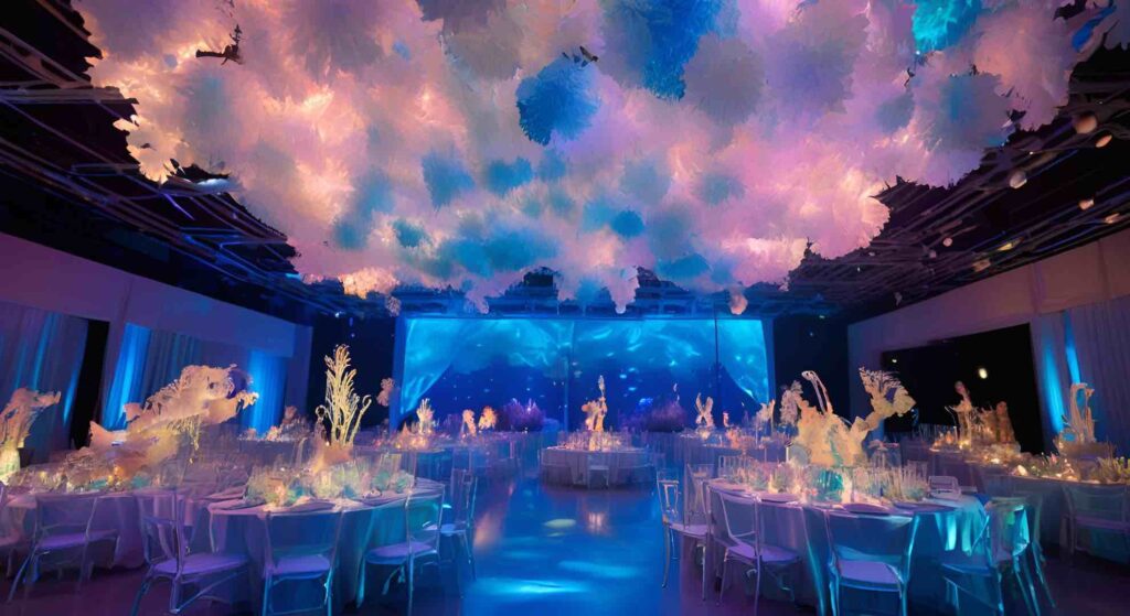 Underwater theme event concept with ethereal decor, floating coral and blue lighting designed by ai.