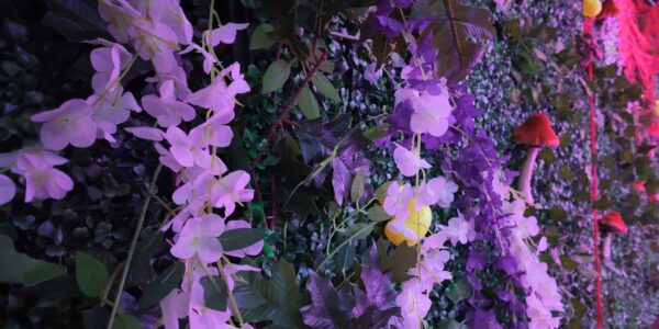 Hanging flowers and foliage used for a living wall for Jungle Theming.