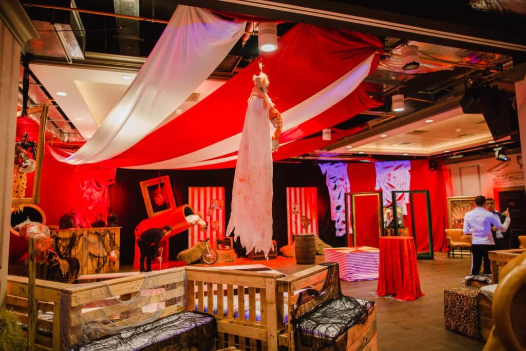 An overview of the entire twisted circus themed set design. Our twisted horror event planning and event management services are available for hire.