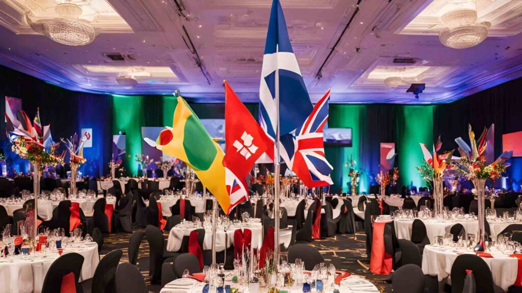 Olympic theming concept for an incredible gala dinner event using countries flags for an incredible around the world event inspired by the sports !