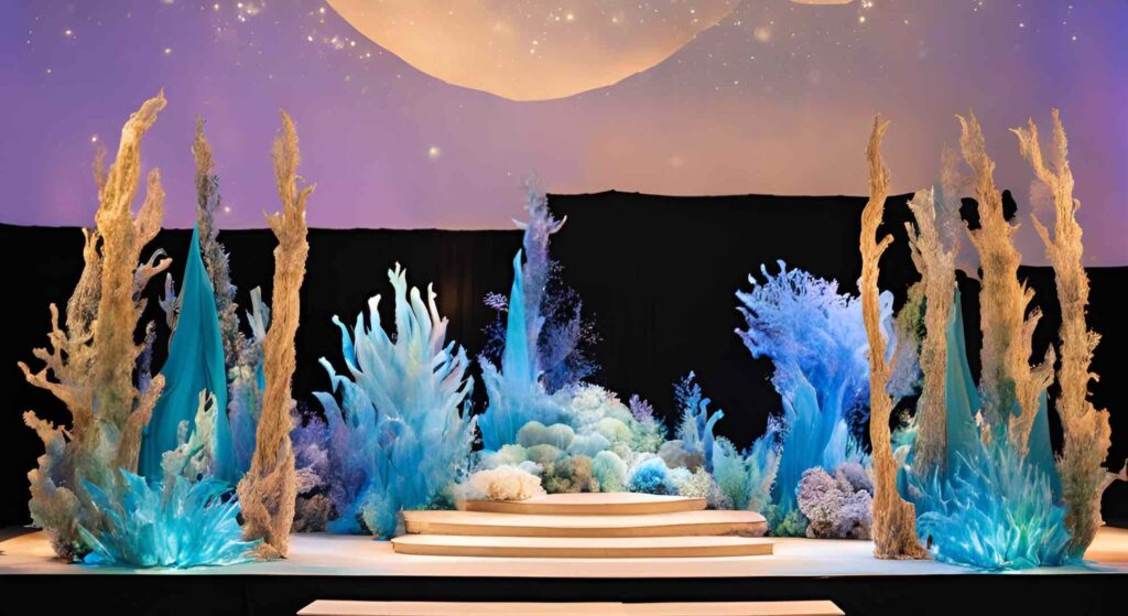 Underwater event theming concept with coral and seaweed sculptures produced by ai.