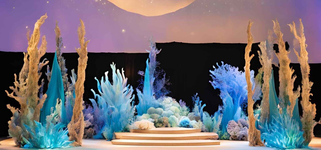 Underwater event theming concept with coral and seaweed sculptures produced by ai.