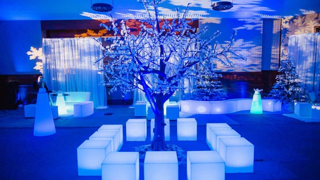 Winter Wonderland Tree decoration we used to transform this event space into a Winter Wonderland Theme.