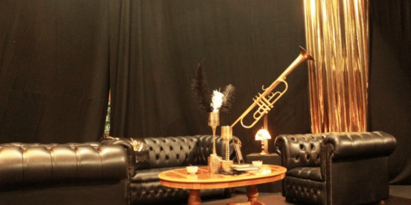Various 1920s themed props used to decorate event space for Gatsby themed event.