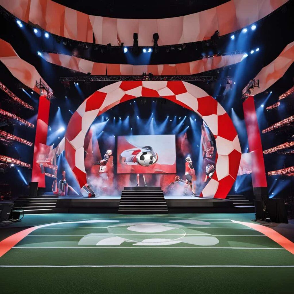An ai rendered concept design of a bespoke stage design for a football themed event.