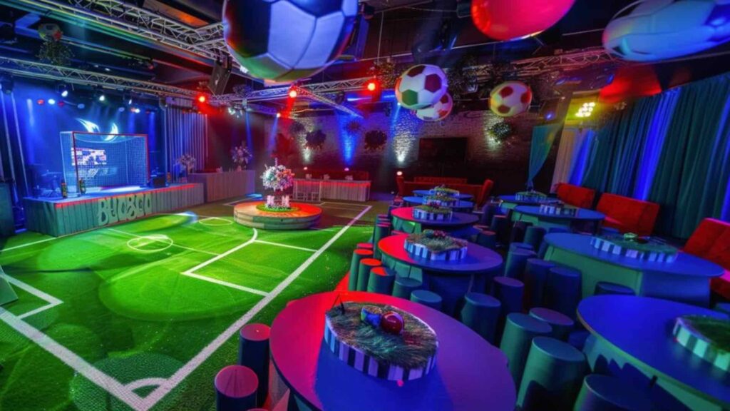 A football themed corporate event render featuring hanging football props, gala dinner tables and authentic football pitch.