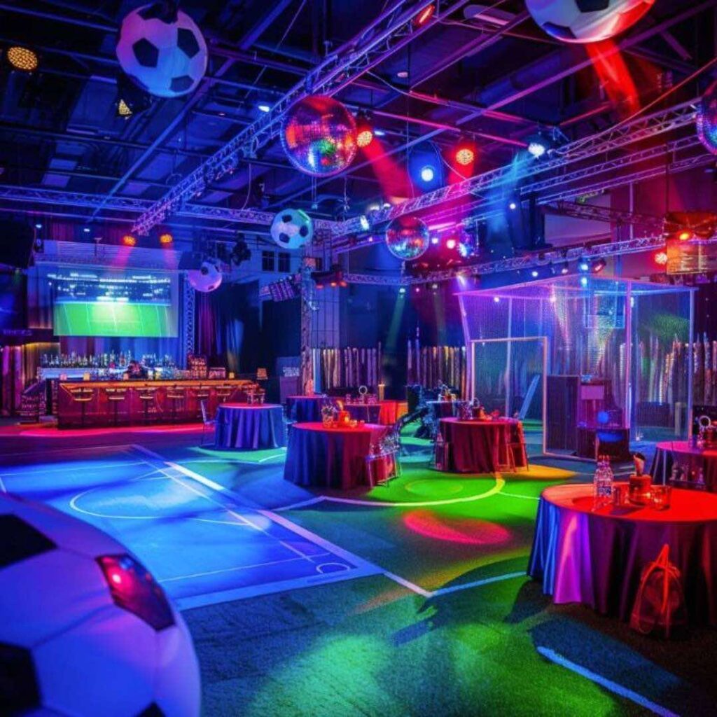 Football themed design concept for a football themed event with hanging football props, gala dinner tables, authentic football pitch and bespoke football themed stage.