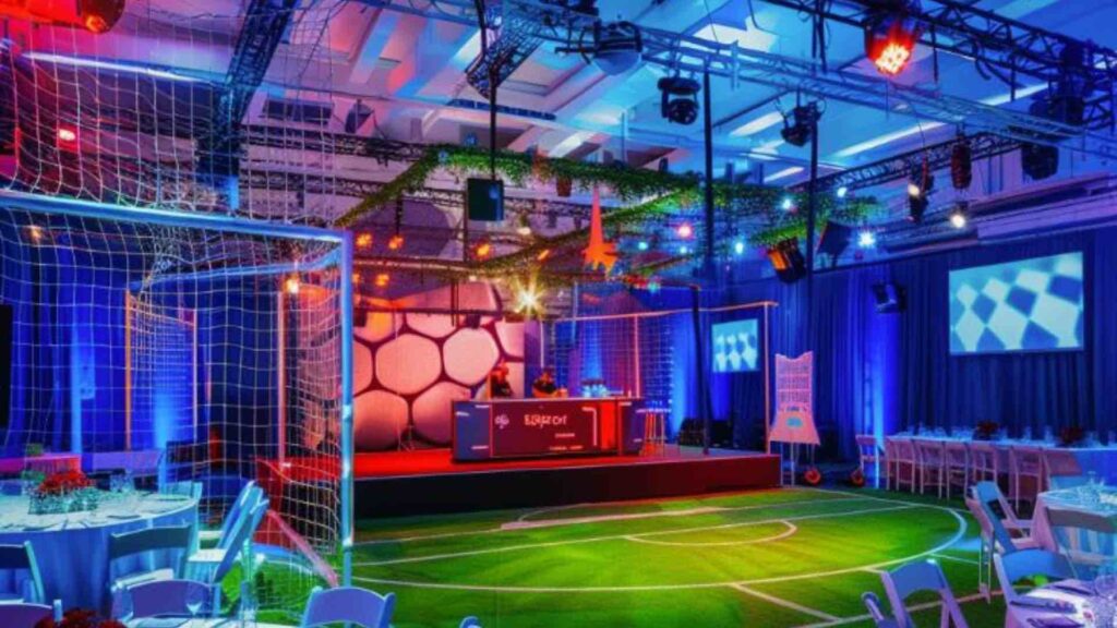 A football themed event render featuring football pitch and bespoke stage area with football design.