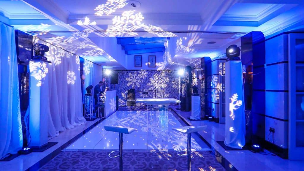 Winter wonderland venue theming and styling for corporate party, Available to hire UK
