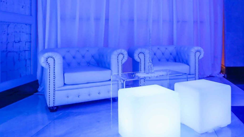 Stylish winter wonderland themed seating area. Available for hire UK
