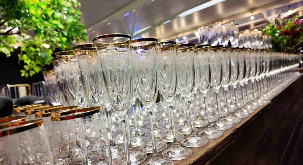 flutes with gold rims used as part of a 1920s themed party.