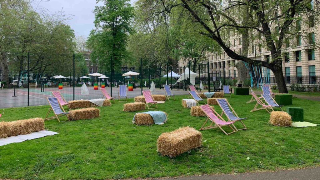 Beach themed festival event with deck chair seating for a relaxed family seaside vibe!