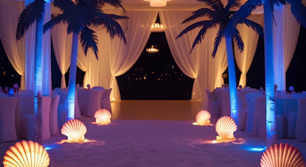 Beach themed venue with shells and palm trees generated by Ai.