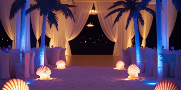 Beach themed venue with shells and palm trees generated by Ai.