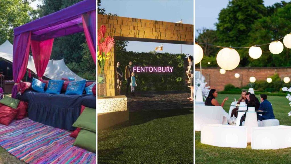 Chill out zones for a beach party vibe such as boho tents, VIP entrances and ambient lighting.