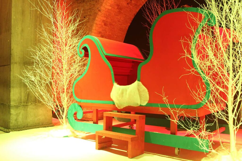 Bespoke Santa Sleigh prop used to create a Christmas Themed Event Space.