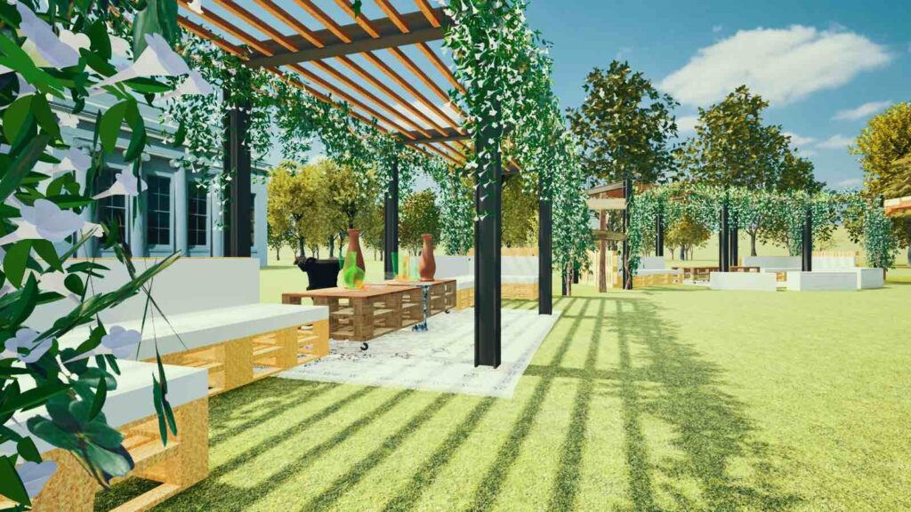 Ibiza themed white party design render including pallet furniture and awnings for beach party ideas.