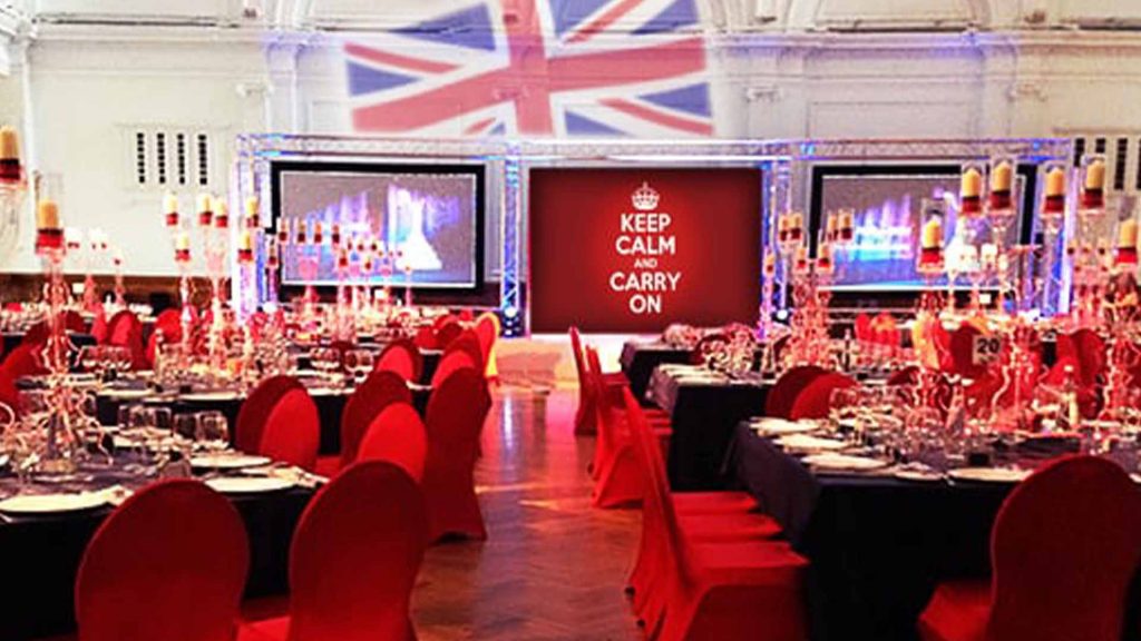 Best of British themed gala dinner venue dressing. Available to hire London UK