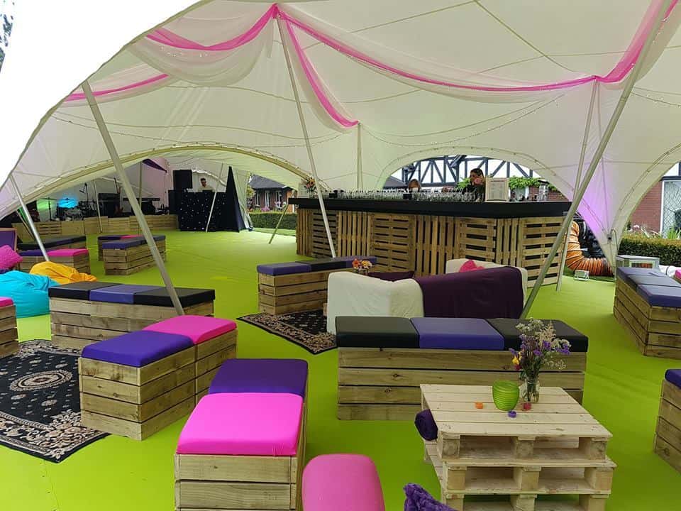 Pallet Seating, Pallet Tables and Pallet Bar we used in a festival marquee.
