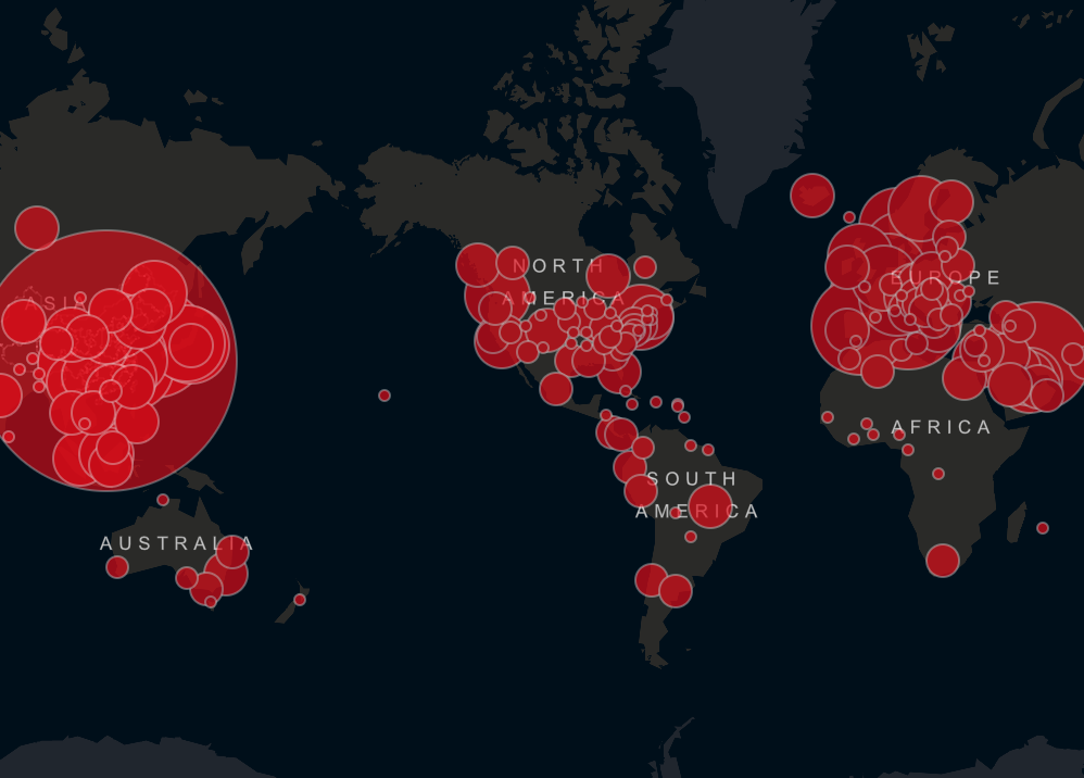 Global Map of Coronavirus outbreak from CSSE map. View of countries affected amid covid-19 outbreak