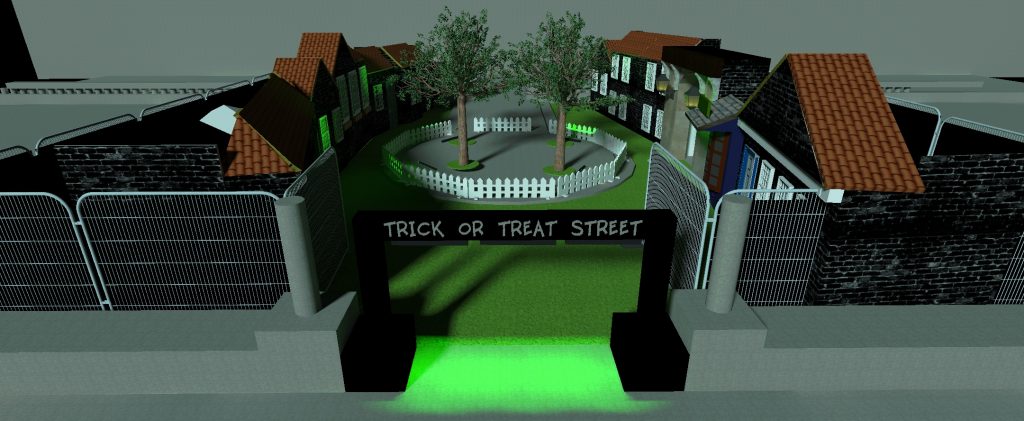 Trick or treat street 3d CAD drawing set design and build for halloween event for children