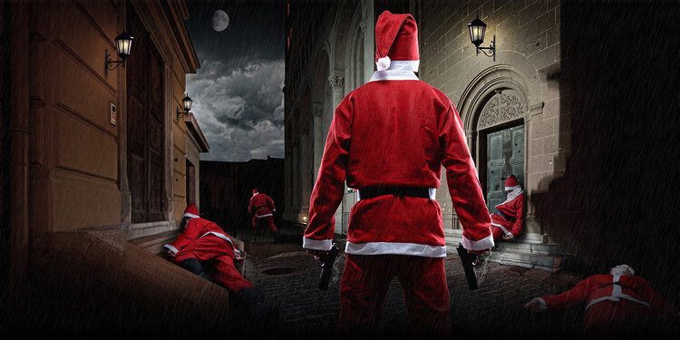 Santa Claus with a weapon in his right hand in a dim-lit urban street. This scene is part of our Christmas Themed Murder Mystery, interactive Virtual Experience, available to book for Online Events this Christmas. Great for Corporate Clients and more.
