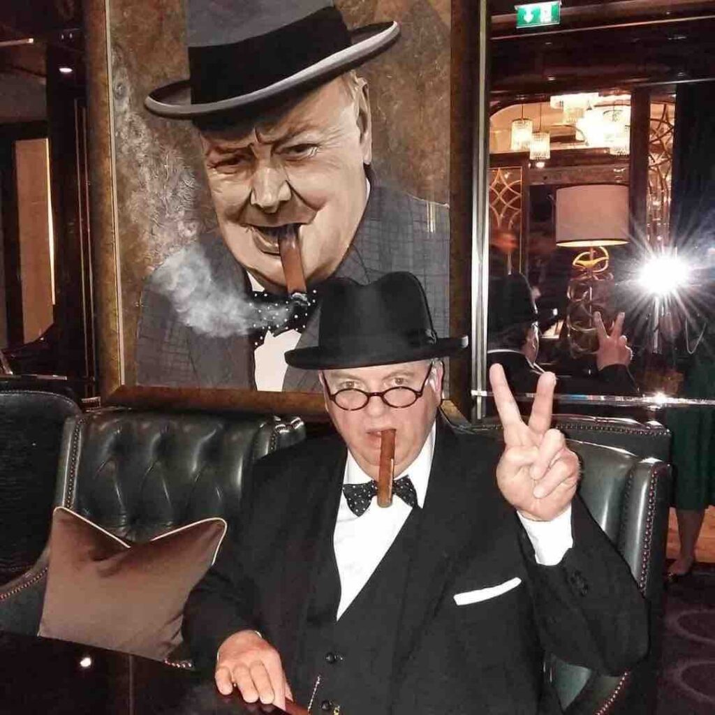 Churchill lookalike does v for victory pose