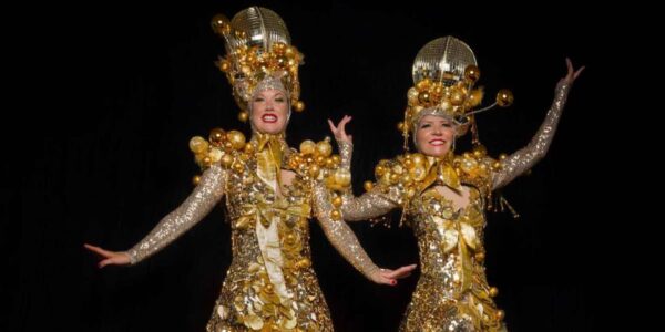 Disco-Ball-Stilt-Performers-In-Gold
