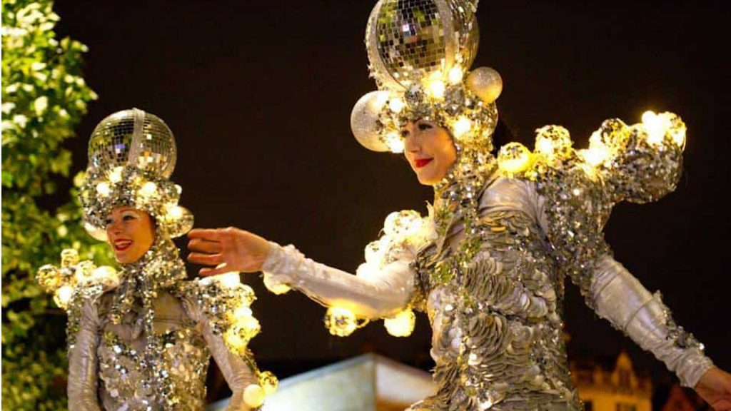 Our Glow Disco Ball Stilt Walkers are perfect for Christmas and seasonal parties across the Uk and the world