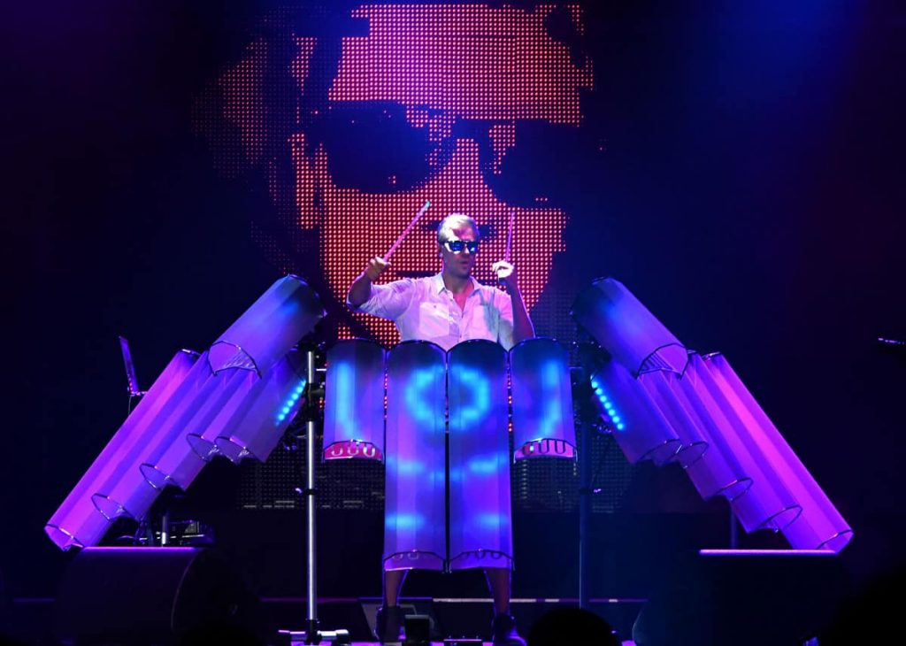 LED Technology Drummer performing on stage with high-end AV production. We have a wide range of technology entertainment for hire, attractions and musical entertainment for hire for events in London, UK and across the World.
