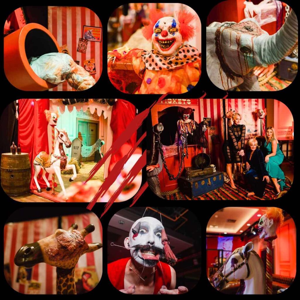 Twisted circus halloween theming and styling available for events in the UK.