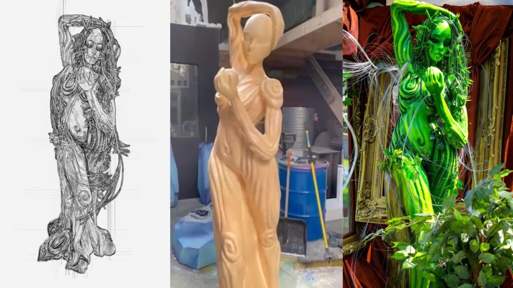 Bespoke 'enchanted lady of the forest' set prop concept (left), build (middle) and final (right).