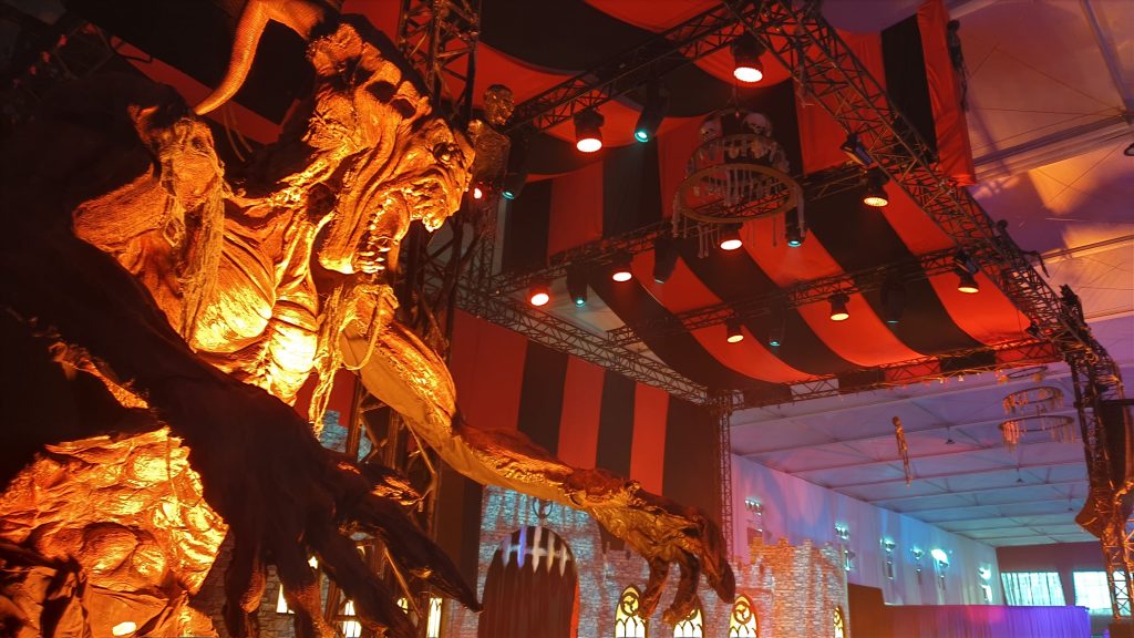 Close up of giant monster prop used to dress venue space for Horror Festival in Riyadh, Saudi Arabia