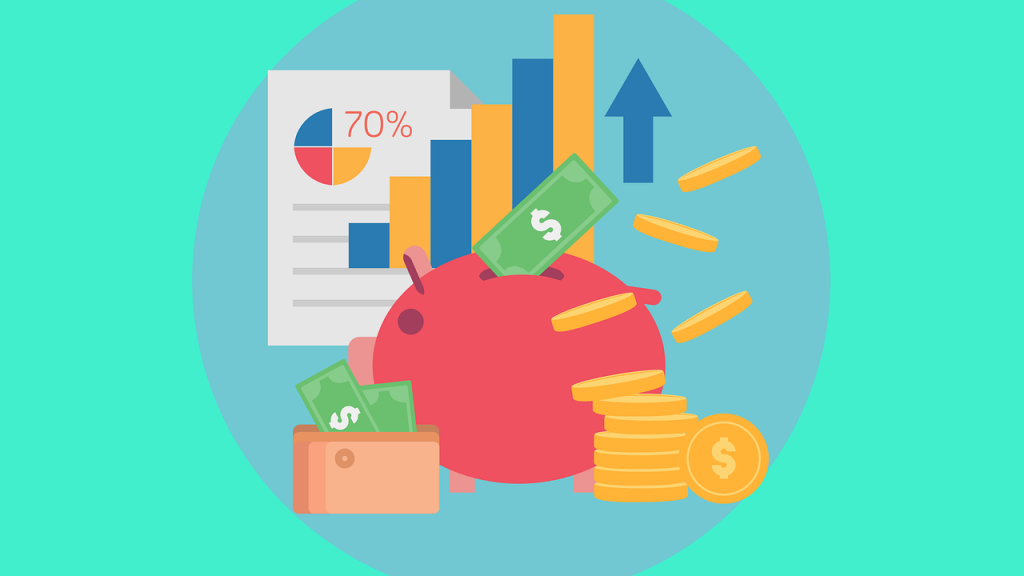 Piggy bank, bar charts and money illustration.