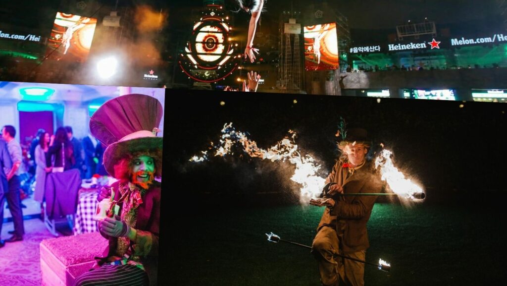 Collage of event entertainment including a fire performer, themed entertainer and aerial performer.