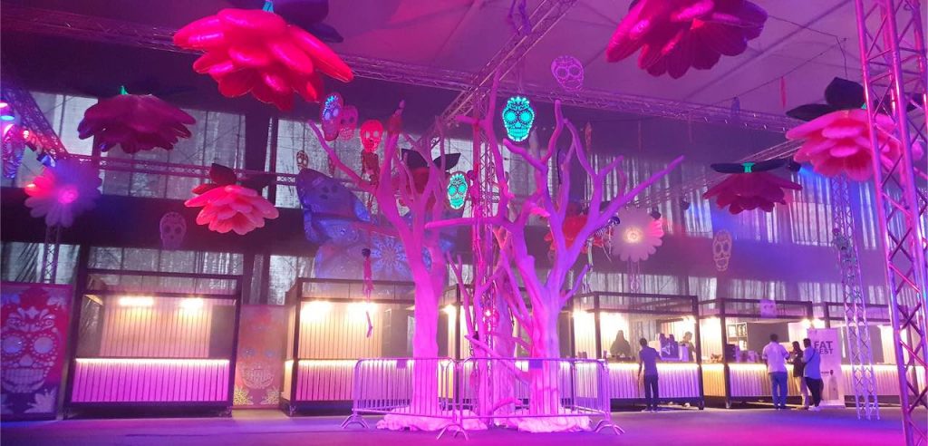 Bespoke Halloween Tree Prop we used to transform the main area of the Halloween Horror Festival event we produced and managed. We explain what it's like to be an event manager for events in Saudi Arabia.