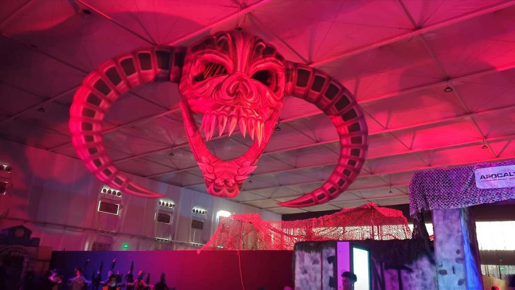 Giant Hanging Halloween Mask Prop we created to decorate our client's venue space for their Halloween Event.