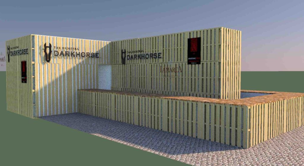 Event design render created for Gallo, featuring sustainable pallet wood in the design, part of the Julia Charles sustainable events agency solutions.