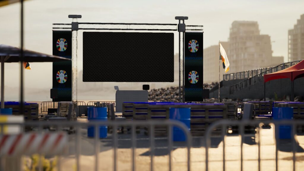 A 3d design render of an LED screen used by Fan Zone attendees at a sporting event.